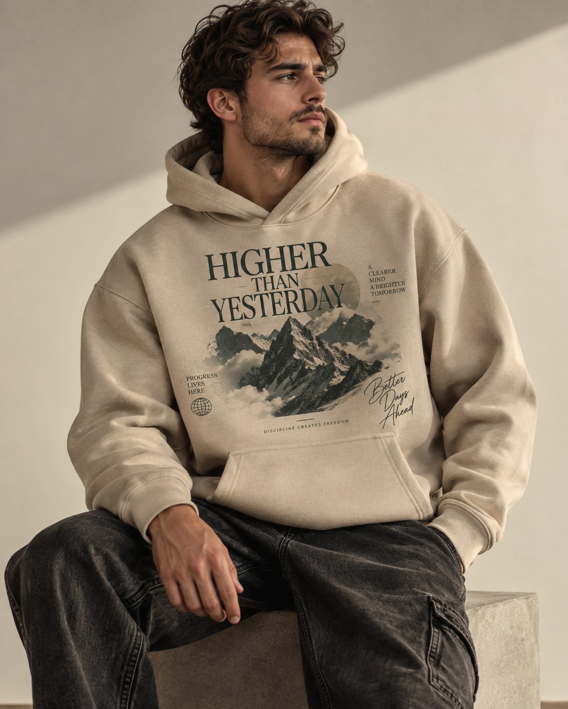 Hoodie sable imprimé « Higher Than Yesterday » sur la poitrine