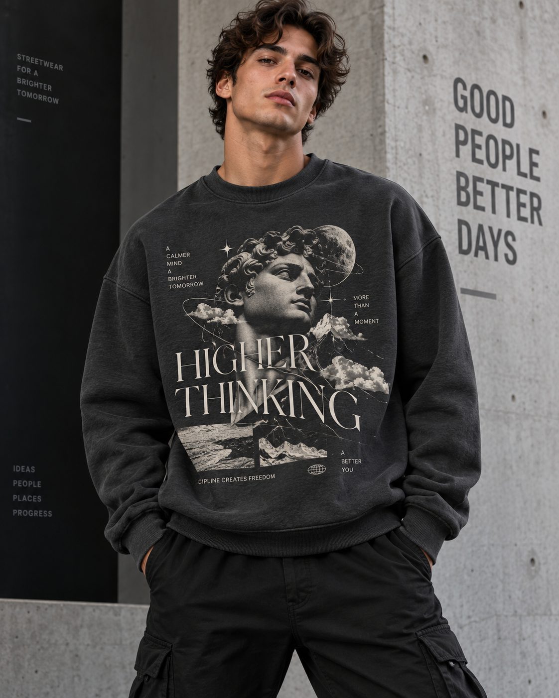 Sweat-shirt gris anthracite à col rond, imprimé « Higher Thinking » sur l’avant